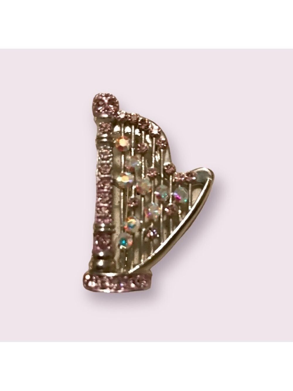 Vintage Brooch Musical Harp, Silver-Tone, Crystal Rhinestones and Pink Stones